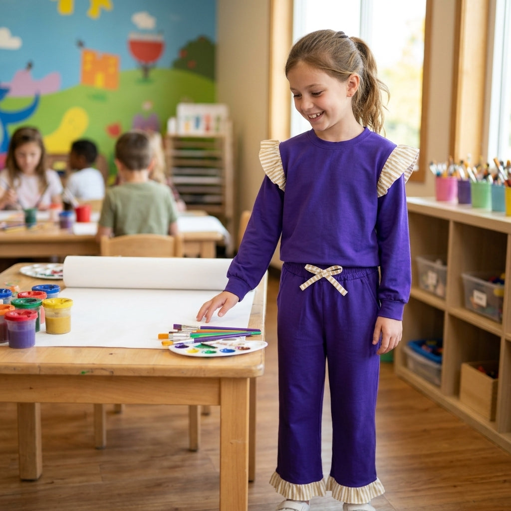 Baby Girls Purple Flutter Sleeve Top Pockets Ruffle Pant Clothes Set
