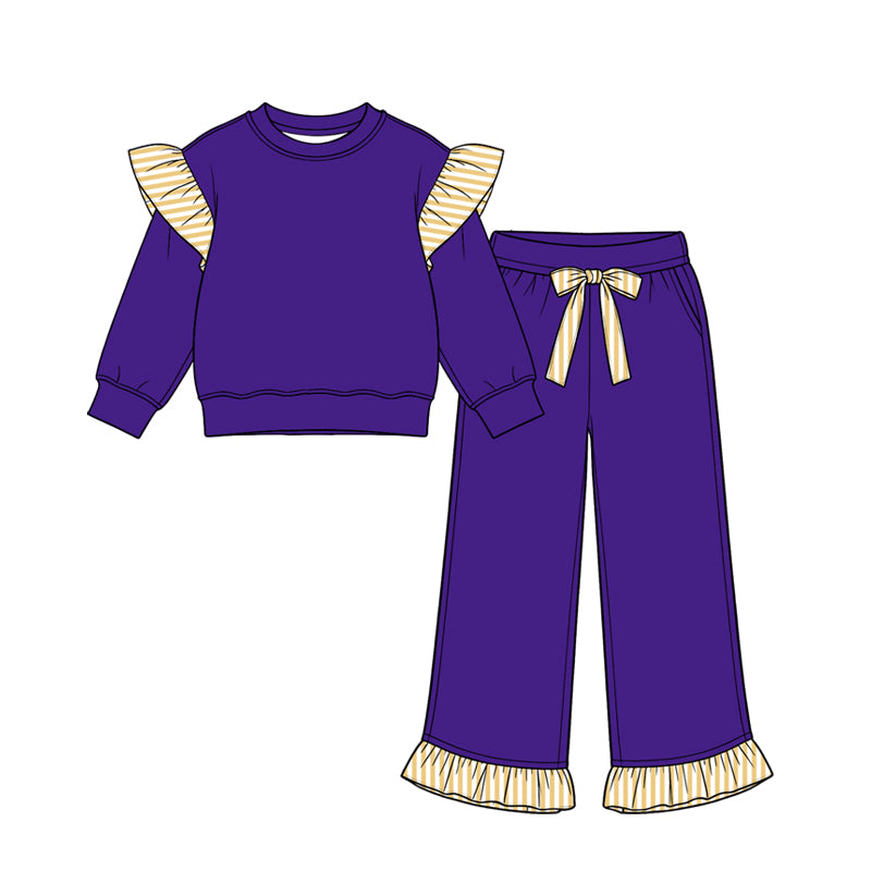 Preorder moq 5 Baby Girls Purple Stripe Flutter Sleeve Top Pockets Ruffle Pant Clothes Set