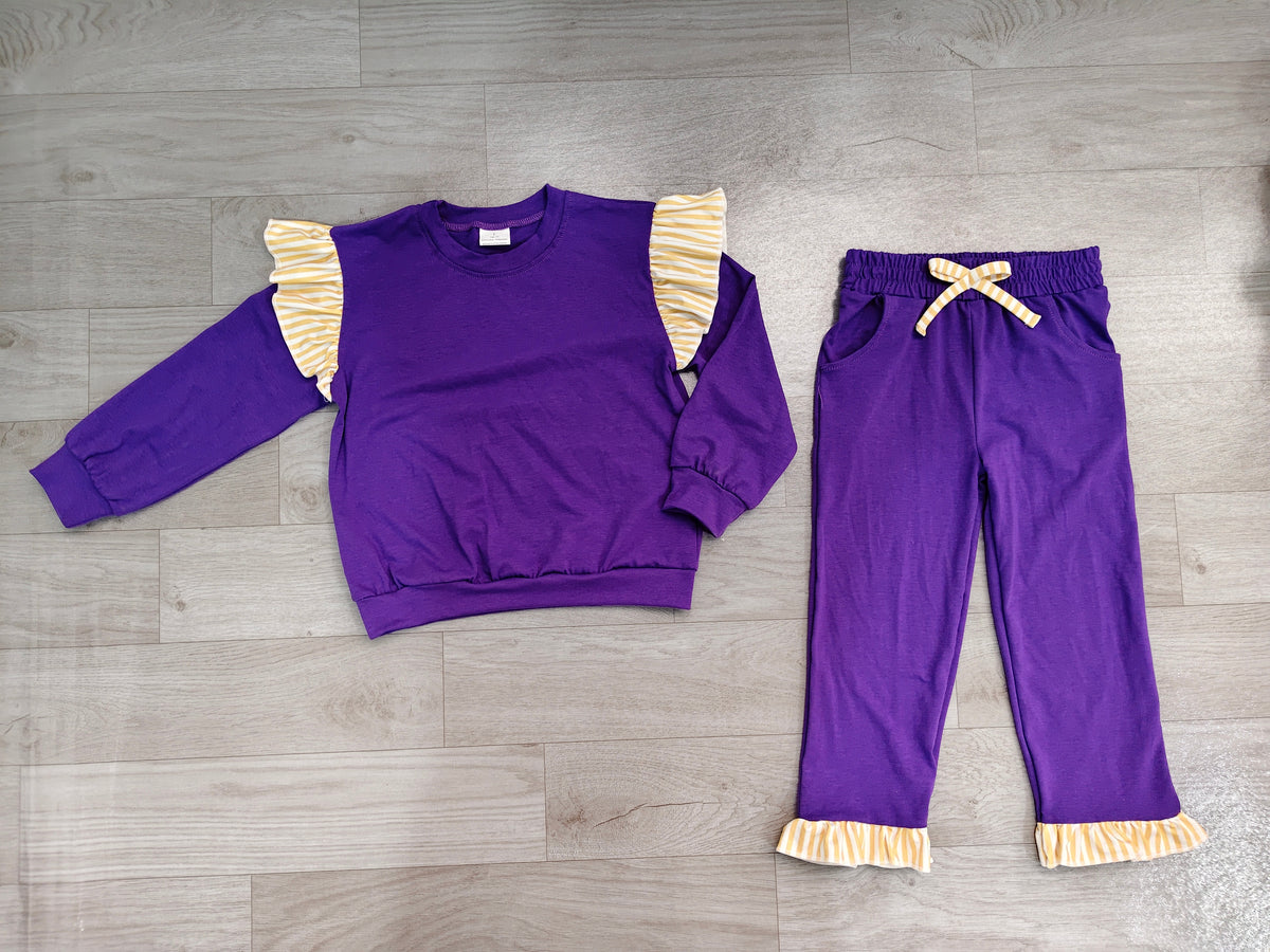 Baby Girls Purple Stripe Flutter Sleeve Top Pockets Ruffle Pant Clothes Set Preorder