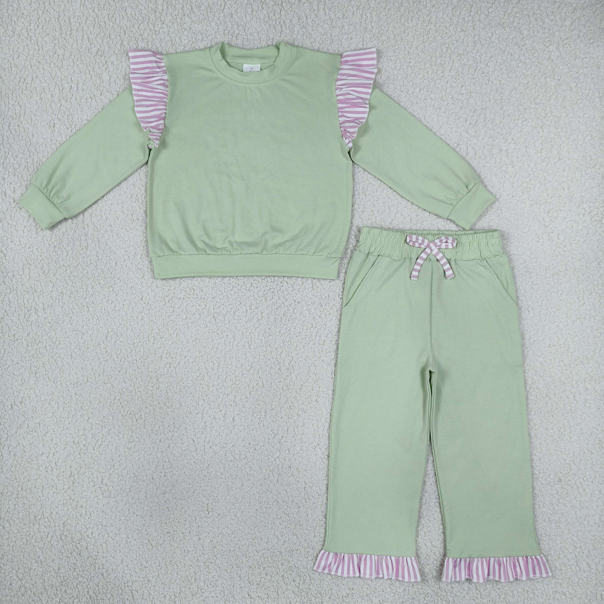 Baby Girls Light Green Stripe Flutter Sleeve Top Pockets Ruffle Pant Clothes Set