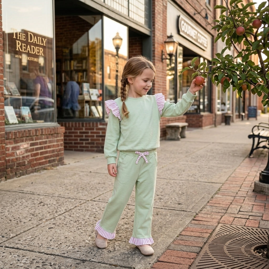 Baby Girls Light Green Stripe Flutter Sleeve Top Pockets Ruffle Pant Clothes Set