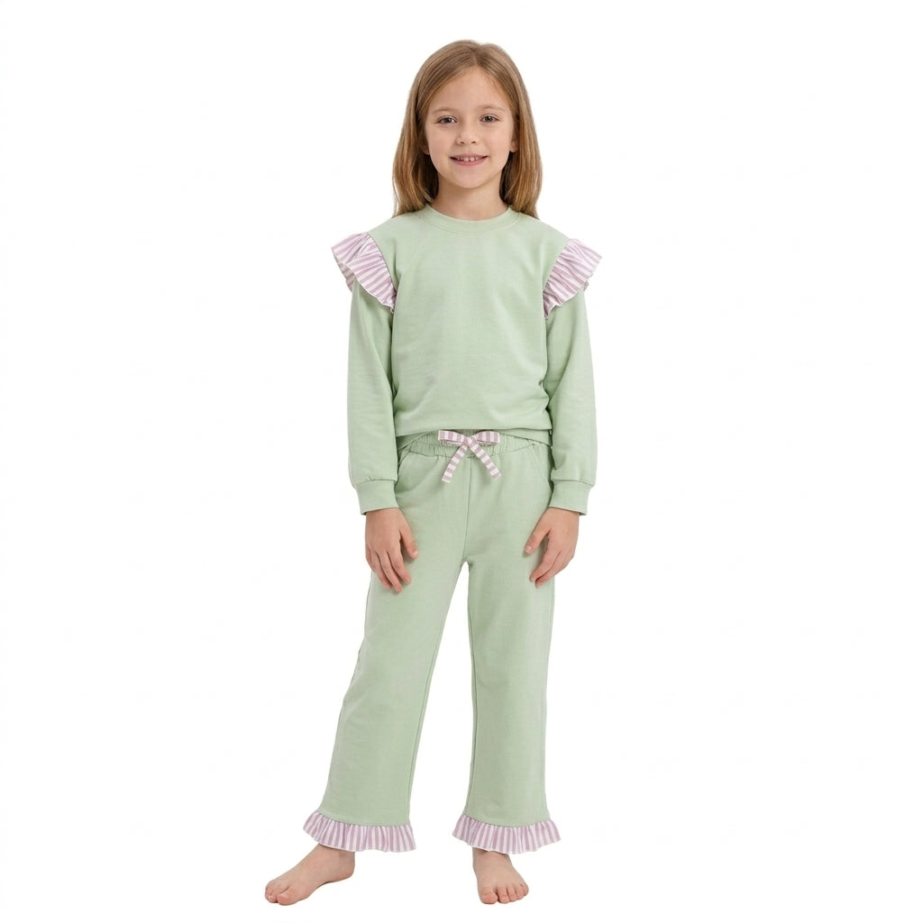 Baby Girls Light Green Stripe Flutter Sleeve Top Pockets Ruffle Pant Clothes Set