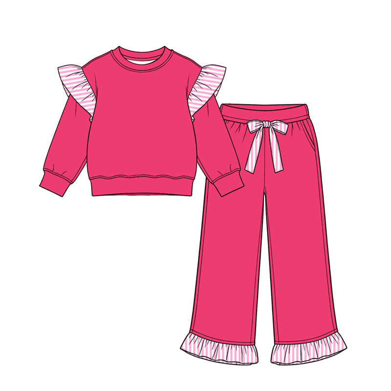 Preorder moq 5 Baby Girls Watermelon Red Stripe Flutter Sleeve Top Pockets Ruffle Pant Clothes Set