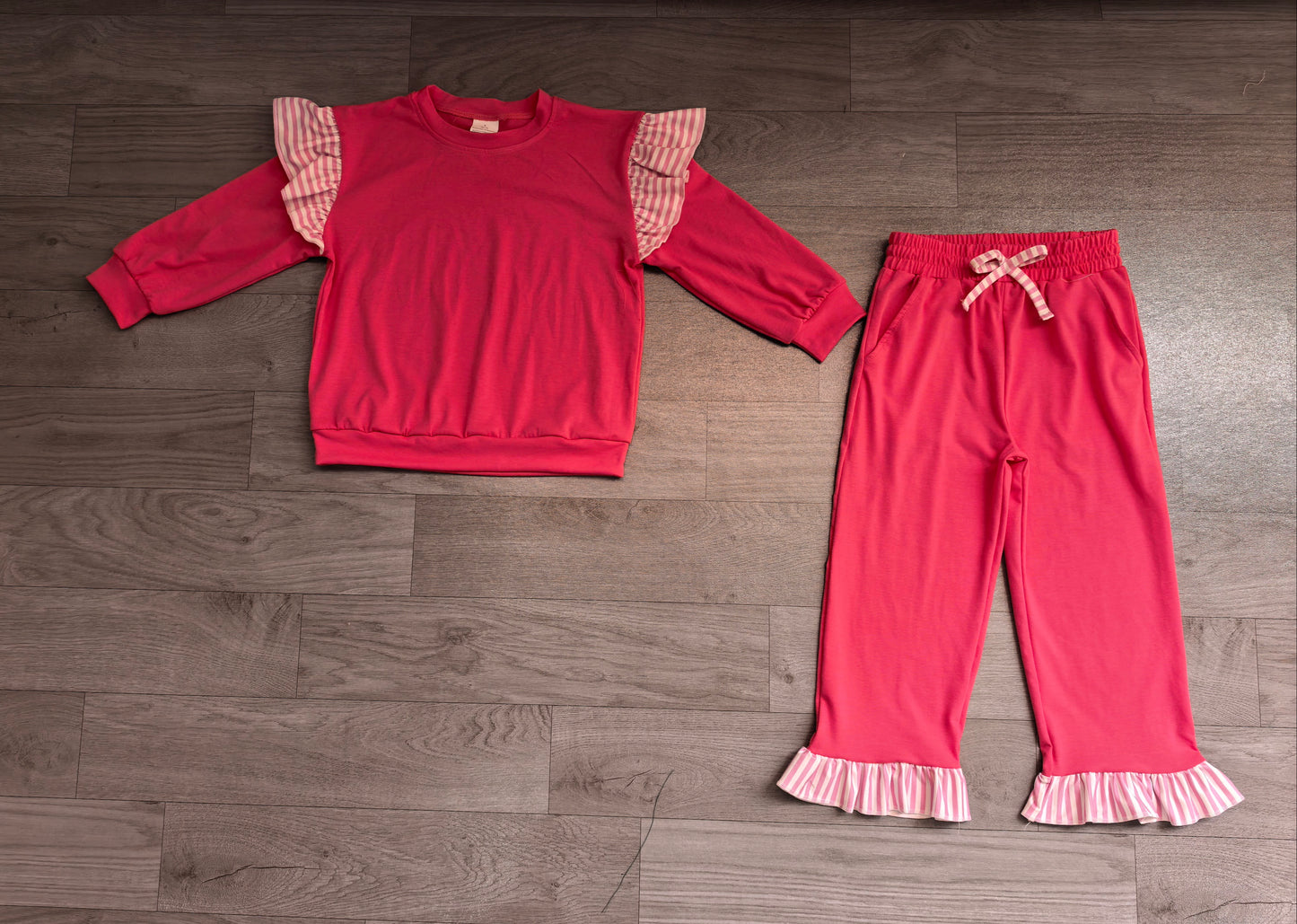 Baby Girls Watermelon Red Stripe Flutter Sleeve Top Pockets Ruffle Pant Clothes Set Preorder