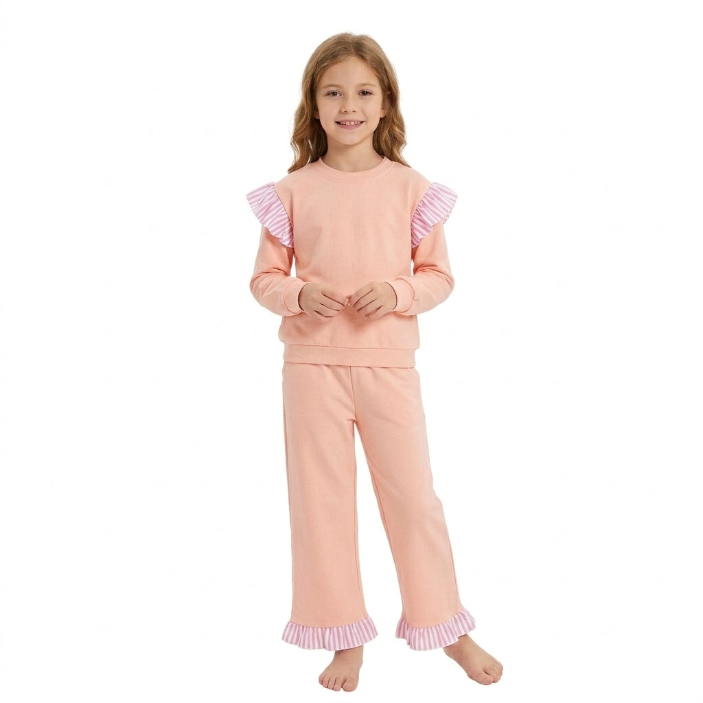 Baby Girls Light Pink Stripe Flutter Sleeve Top Pockets Ruffle Pant Clothes Set