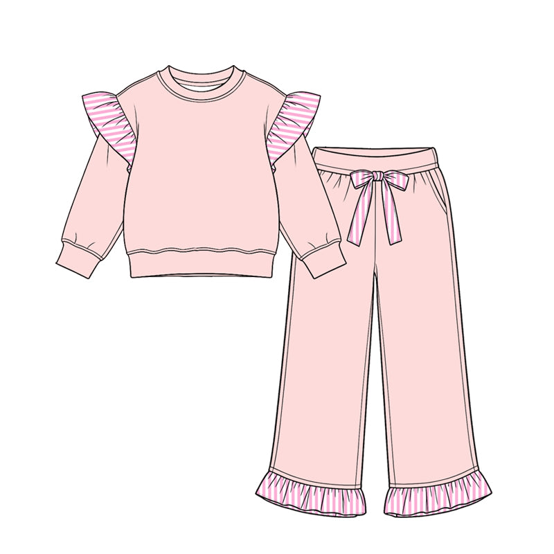 Preorder moq 5 Baby Girls Light Pink Stripe Flutter Sleeve Top Pockets Ruffle Pant Clothes Set