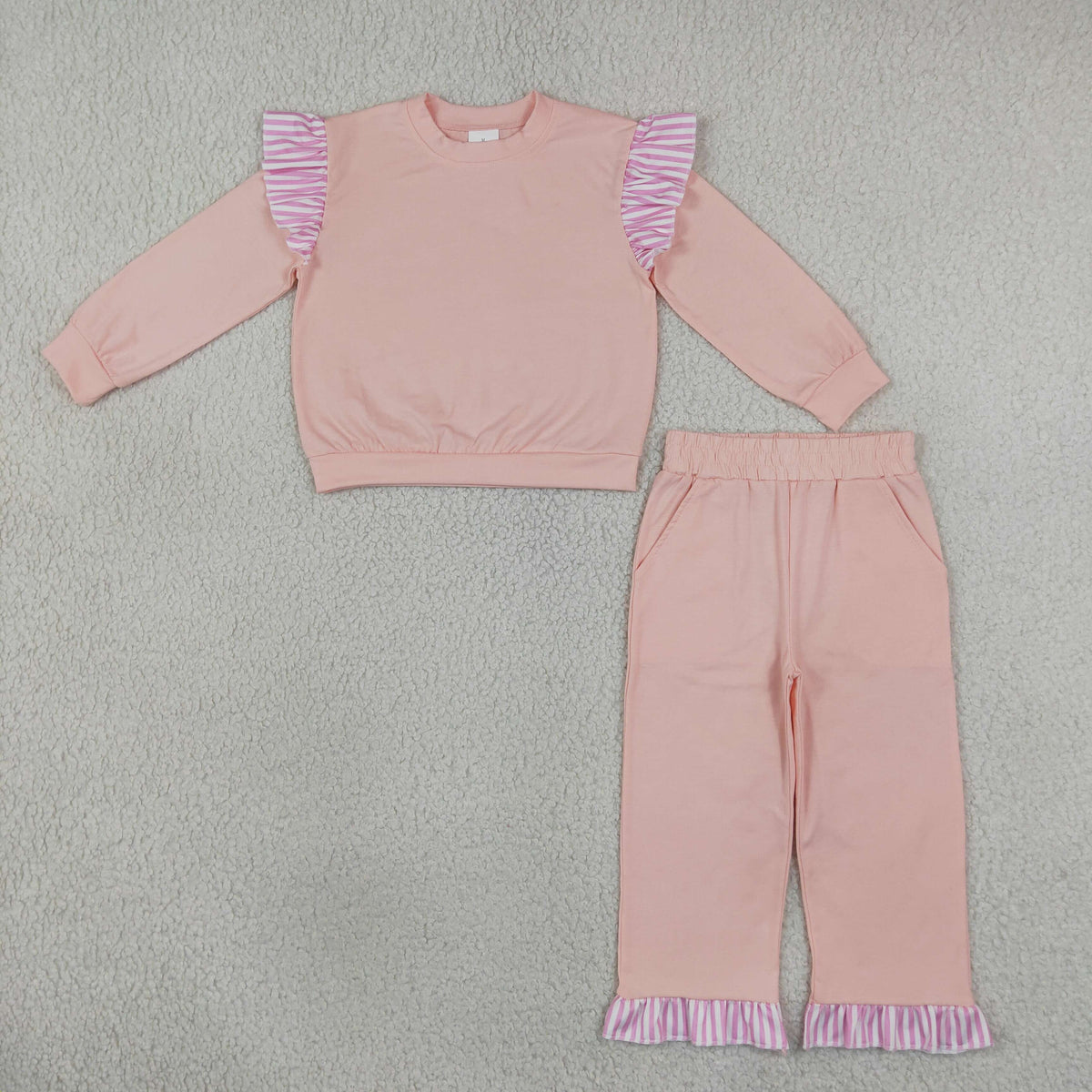 Baby Girls Light Pink Stripe Flutter Sleeve Top Pockets Ruffle Pant Clothes Set