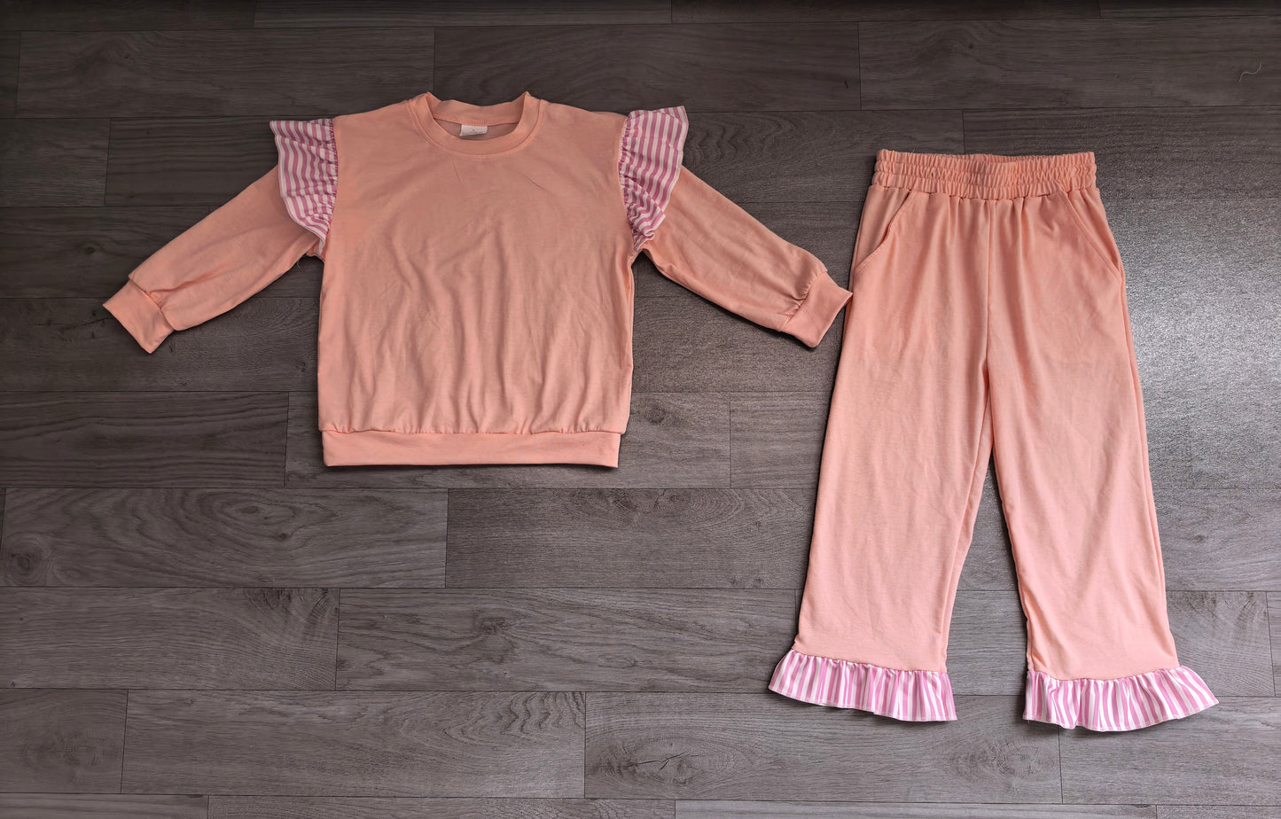 Baby Girls Light Pink Stripe Flutter Sleeve Top Pockets Ruffle Pant Clothes Set Preorder