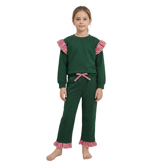 Baby Girls Green Red Stripe Flutter Sleeve Top Pockets Ruffle Pant Clothes Set