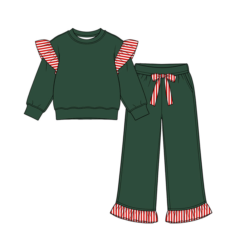 Preorder moq 5 Baby Girls Green Red Stripe Flutter Sleeve Top Pockets Ruffle Pant Clothes Set