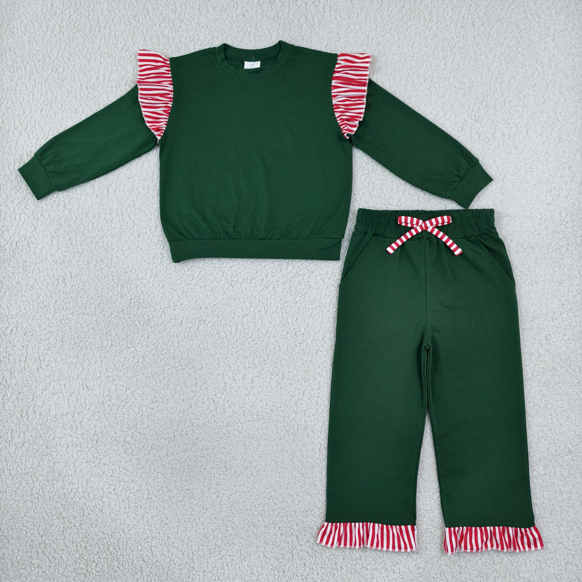 Baby Girls Green Red Stripe Flutter Sleeve Top Pockets Ruffle Pant Clothes Set