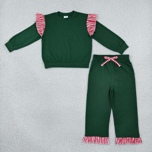 Baby Girls Green Red Stripe Flutter Sleeve Top Pockets Ruffle Pant Clothes Set
