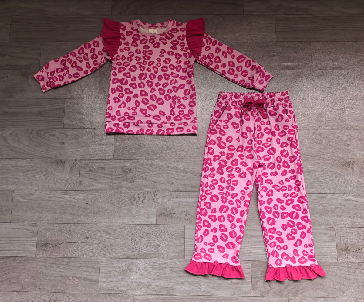 Baby Girls Pink Leopard Flutter Sleeve Top Pockets Ruffle Pant Clothes Set Preorder