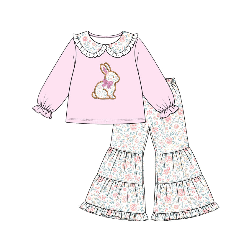 Preorder moq 5 Baby Girls Flowers Rabbit Collar Top Bell Bottom Easter Clothes Set