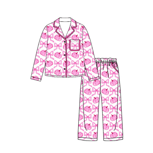 Preorder moq 5 Baby Girls Bows Pumpkins Button Top Pockets Pant Fall Pajamas Set