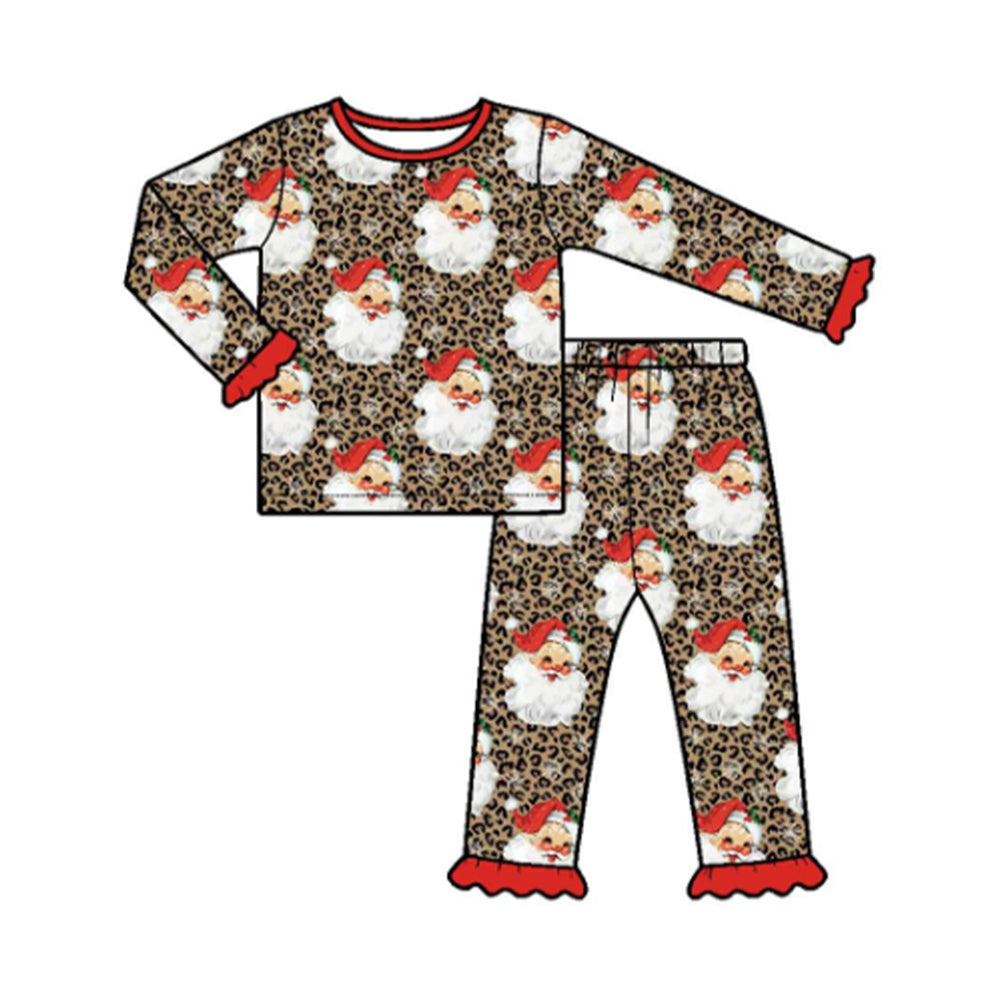 Preorder moq 5 Baby Girls Leopard Santa Top Ruffle Pant Christmas Pajamas Set