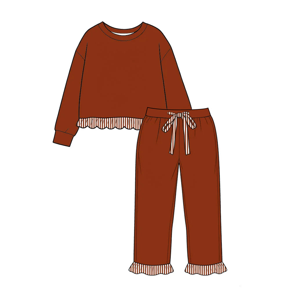 Preorder moq 5 Baby Girls Khaki Long Sleeve Top Ruffle Pant Clothes Set