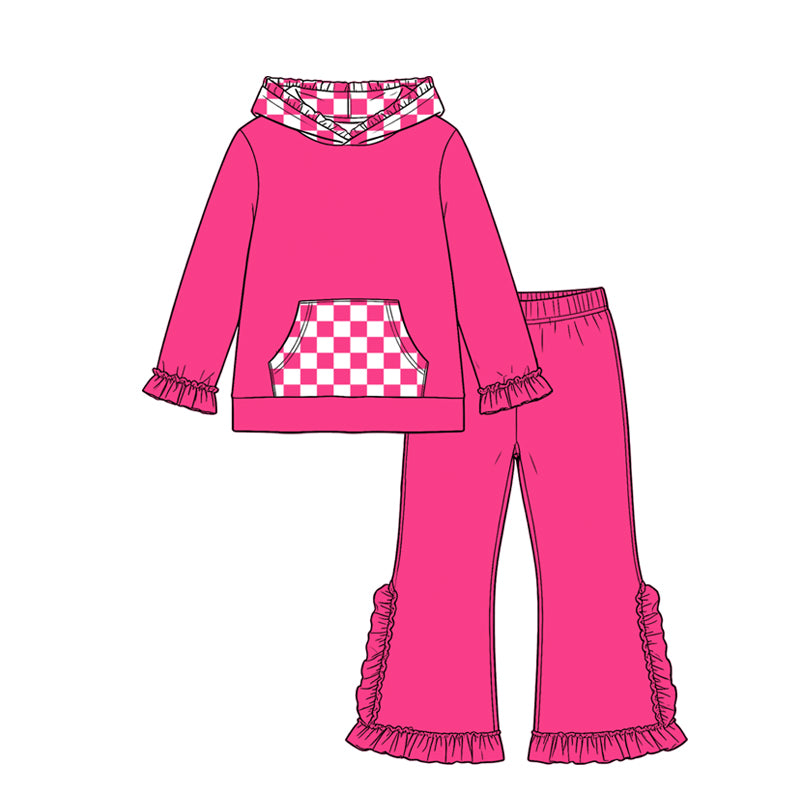 Preorder moq 5 Baby Girls Hot Pink Checked Pocket Hoodie Ruffle Pant Clothes Set
