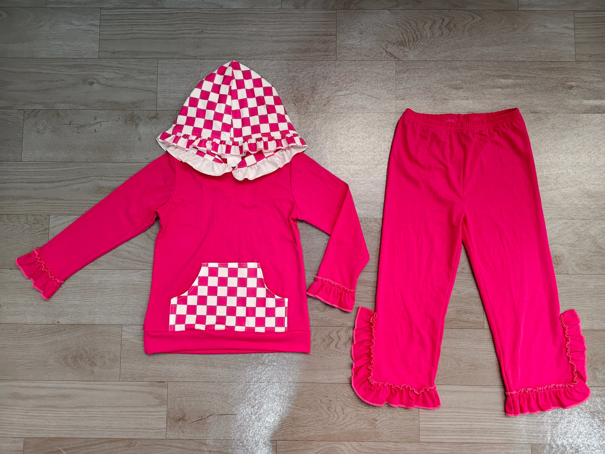 Baby Girls Hot Pink Checked Pocket Hoodie Ruffle Pant Clothes Set Preorder