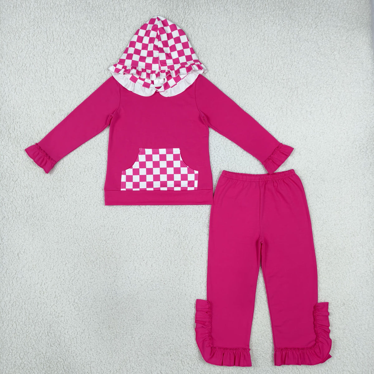 Baby Girls Hot Pink Checked Pocket Hoodie Ruffle Pant Clothes Set