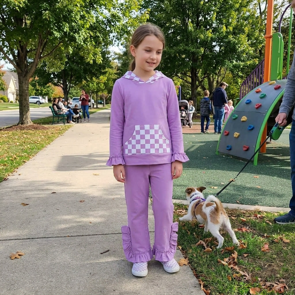 Baby Girls Lavender Checked Pocket Hoodie Ruffle Pant Clothes Set