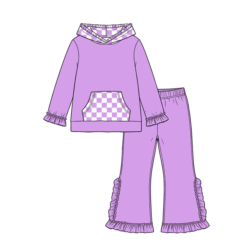 Baby Girls Lavender Checked Pocket Hoodie Ruffle Pant Clothes Set Preorder