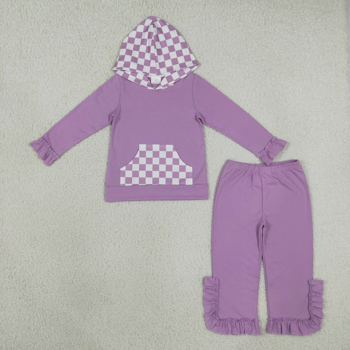 Baby Girls Lavender Checked Pocket Hoodie Ruffle Pant Clothes Set
