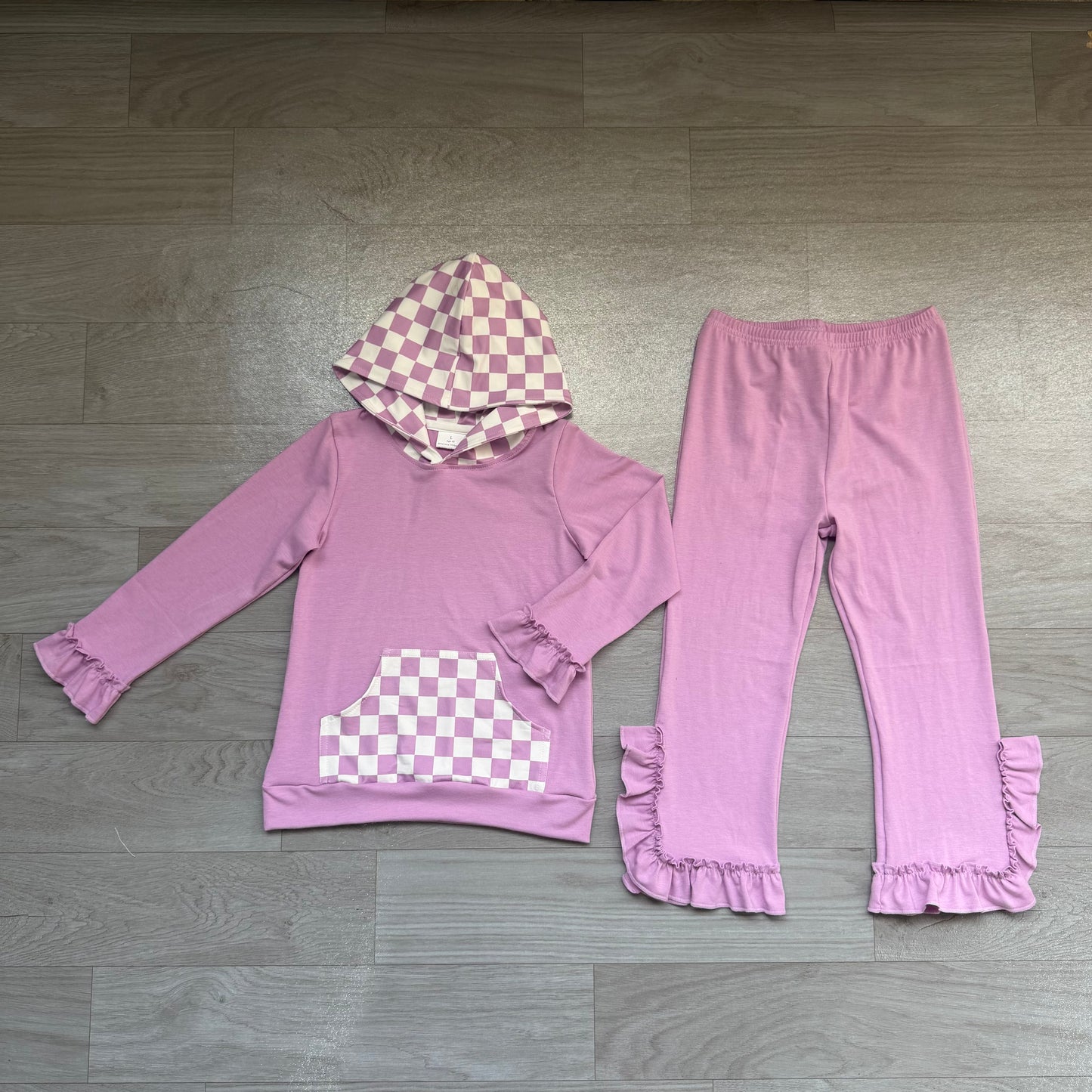 Baby Girls Lavender Checked Pocket Hoodie Ruffle Pant Clothes Set Preorder