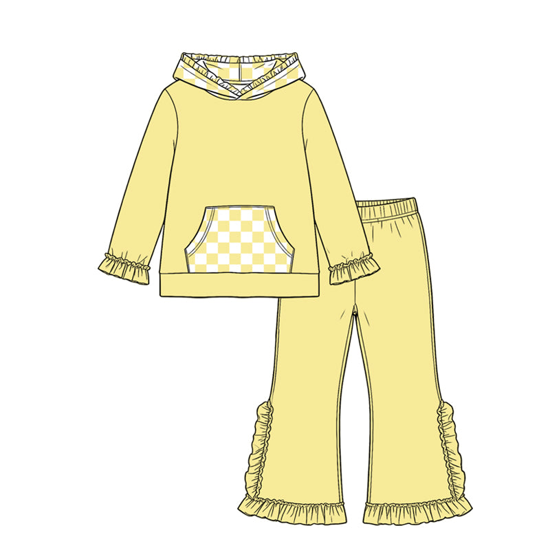 Preorder moq 5 Baby Girls Yellow Checked Pocket Hoodie Ruffle Pant Clothes Set