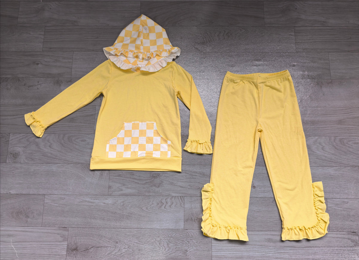 Preorder Baby Girls Yellow Checked Pocket Hoodie Ruffle Pant Clothes Set