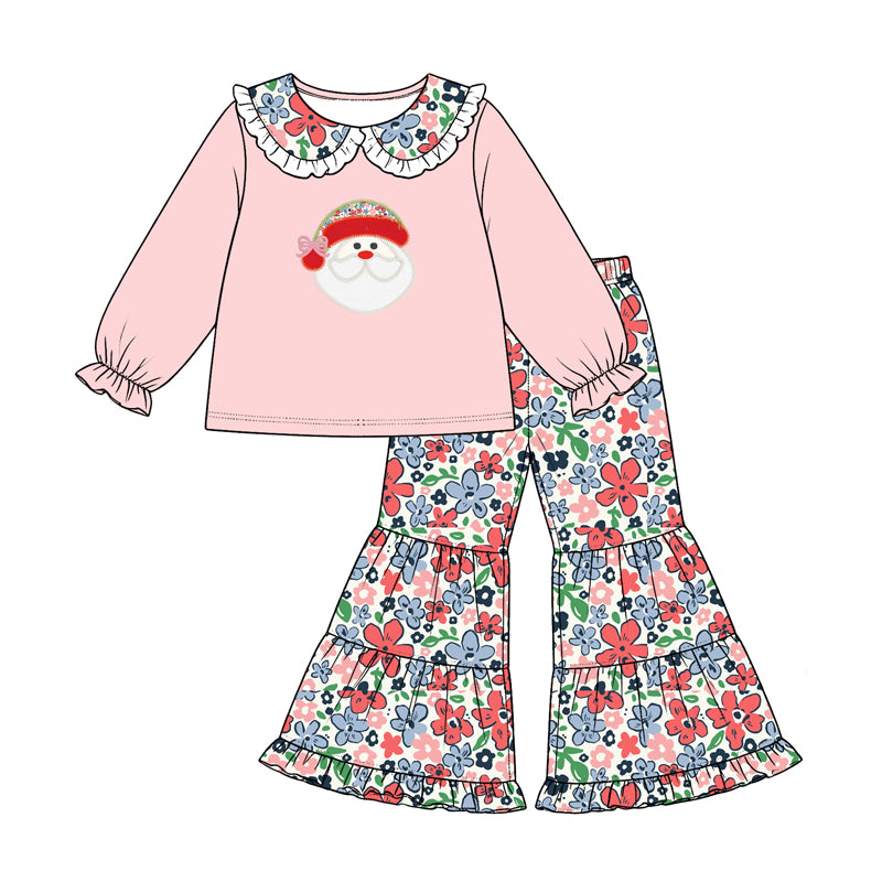 Preorder moq 5 Baby Girls Flowers Santa Collar Top Bell Bottom Pant Christmas Clothes Set