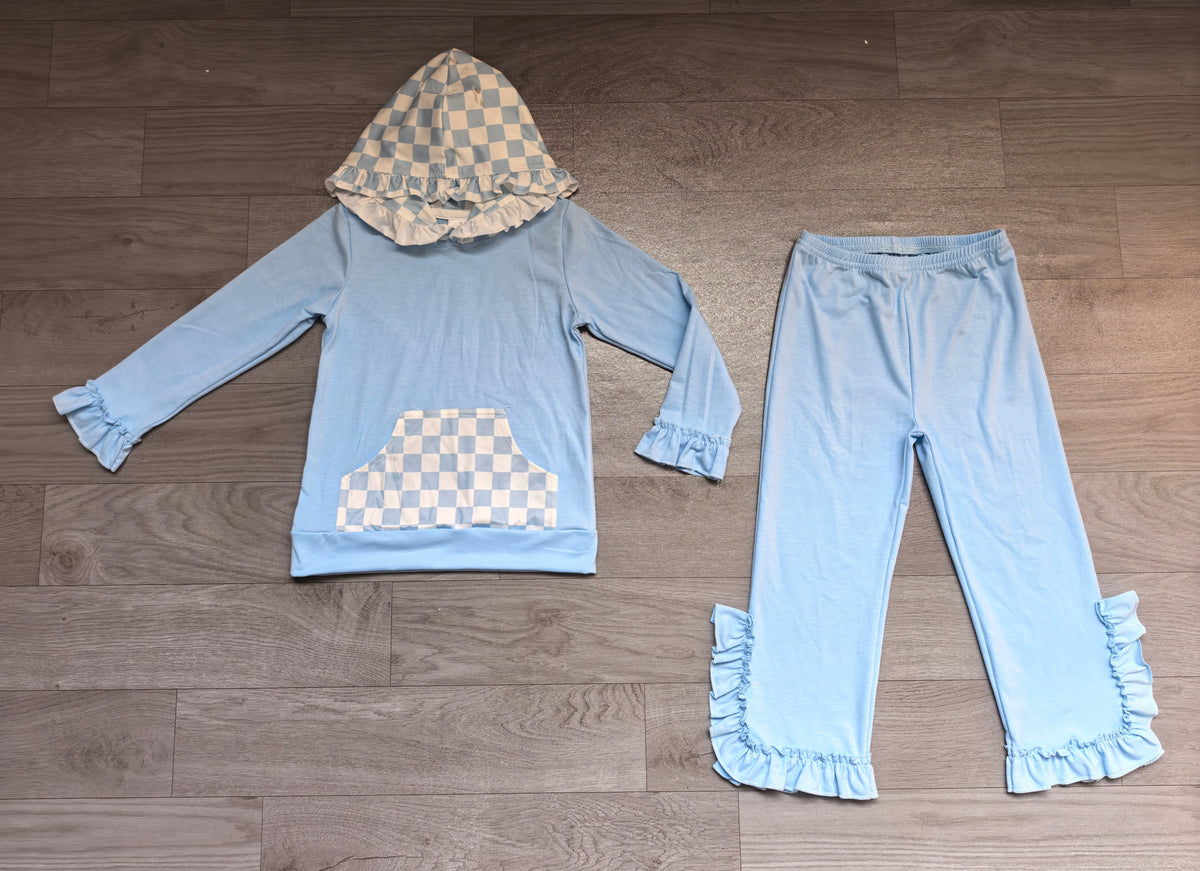Baby Girls Blue Checked Pocket Hoodie Ruffle Pant Clothes Set Preorder