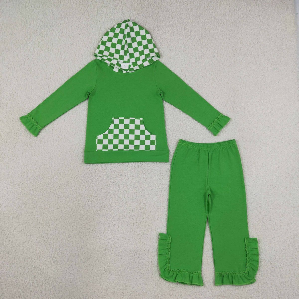 Baby Girls Green Checked Pocket Hoodie Ruffle Pant Clothes Set