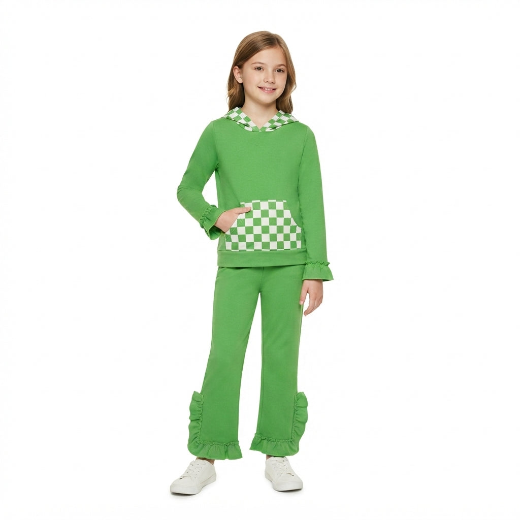 Baby Girls Green Checked Pocket Hoodie Ruffle Pant Clothes Set