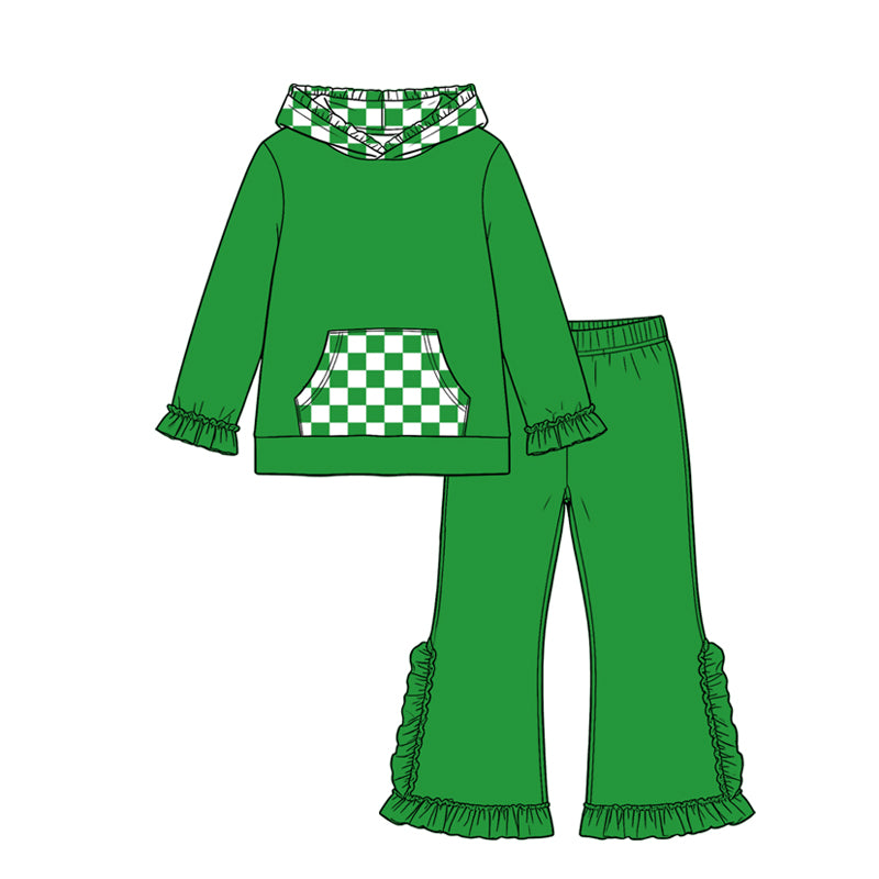Baby Girls Green Checked Pocket Hoodie Ruffle Pant Clothes Set Preorder