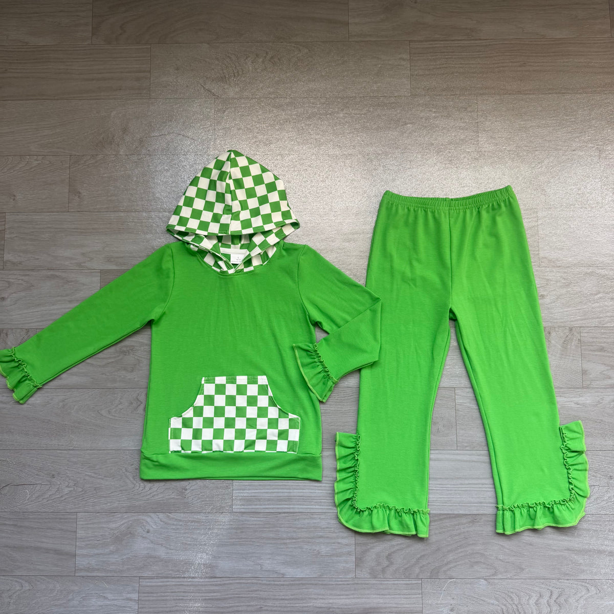 Baby Girls Green Checked Pocket Hoodie Ruffle Pant Clothes Set Preorder