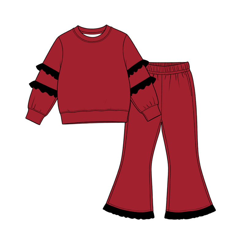 Preorder moq 5 Baby Girls Black Maroon Long Sleeve Top Flare Pants Clothes Set