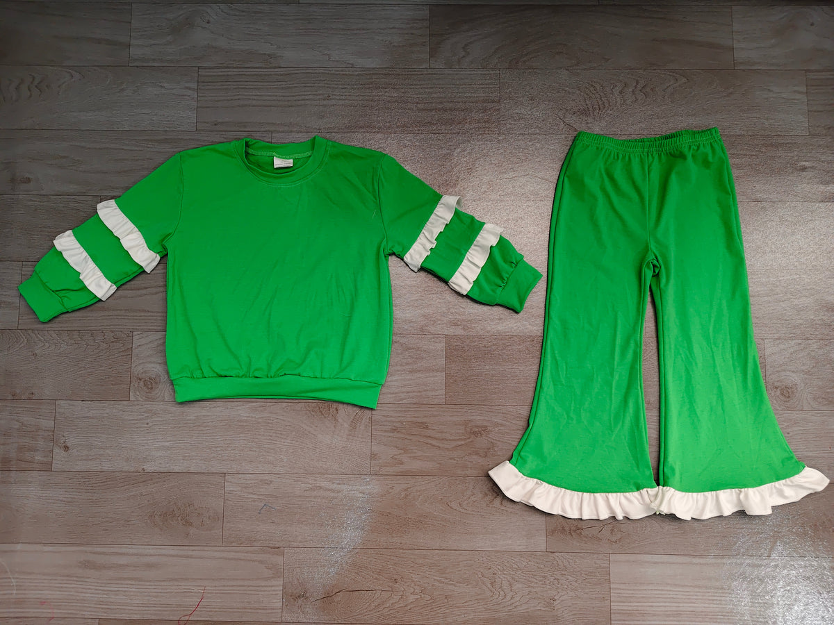 Baby Girls Green White Long Sleeve Top Flare Pants Clothes Set Preorder