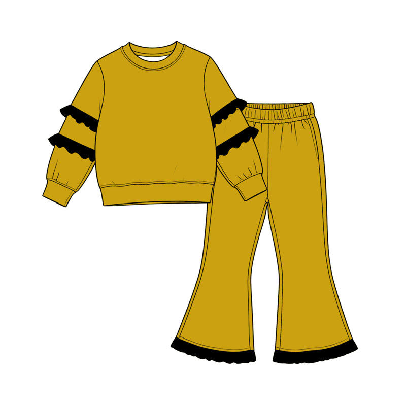 Preorder moq 5 Baby Girls Gold Black Long Sleeve Top Flare Pants Clothes Set