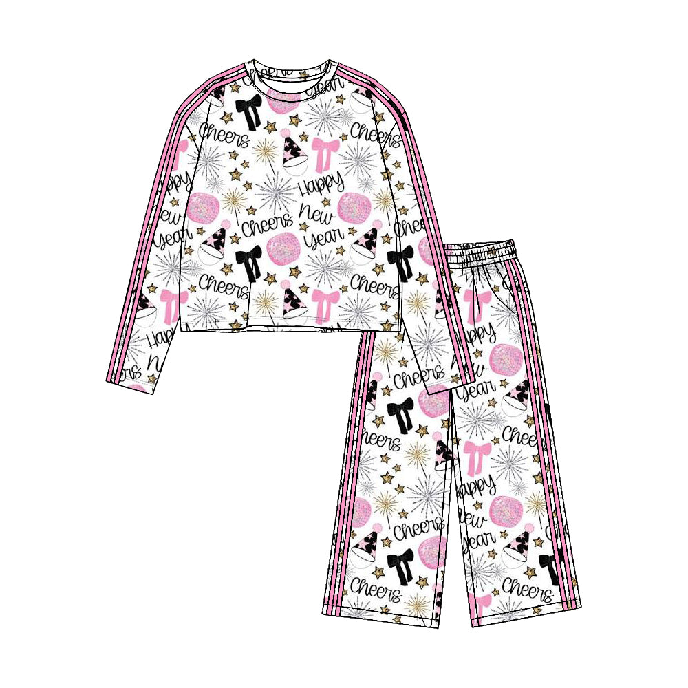 Preorder moq 5 Baby Girls Bows Cheers Top Pockets Pants Happy New Year Yoga Active Set