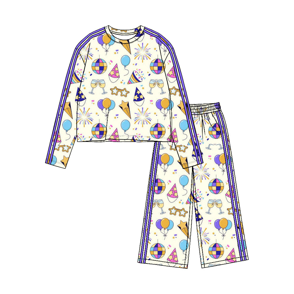 Preorder moq 5 Baby Girls Glass Balloons Top Pockets Pants Happy New Year Yoga Active Set