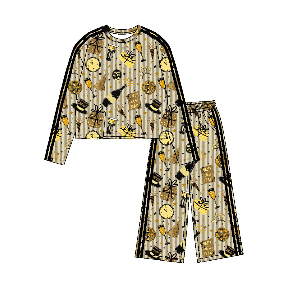 Preorder moq 5 Baby Girls Gold Stripe Gifts Top Pockets Pants Happy New Year Yoga Active Set