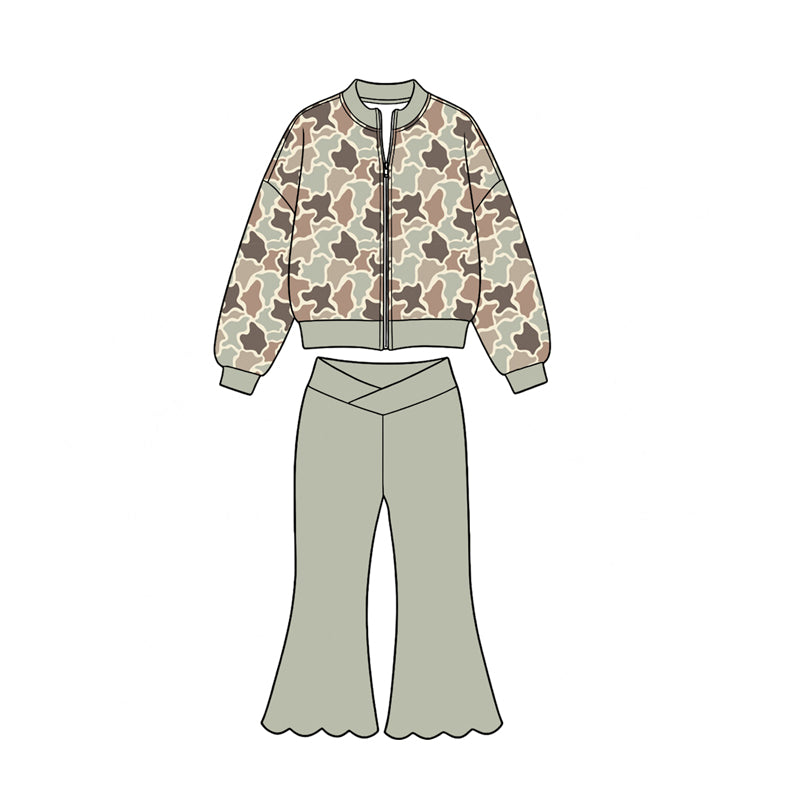Preorder moq 5 Baby Girls Khaki Camo Zip Jacket Top Scallop Flare Pants Yoga Active Set
