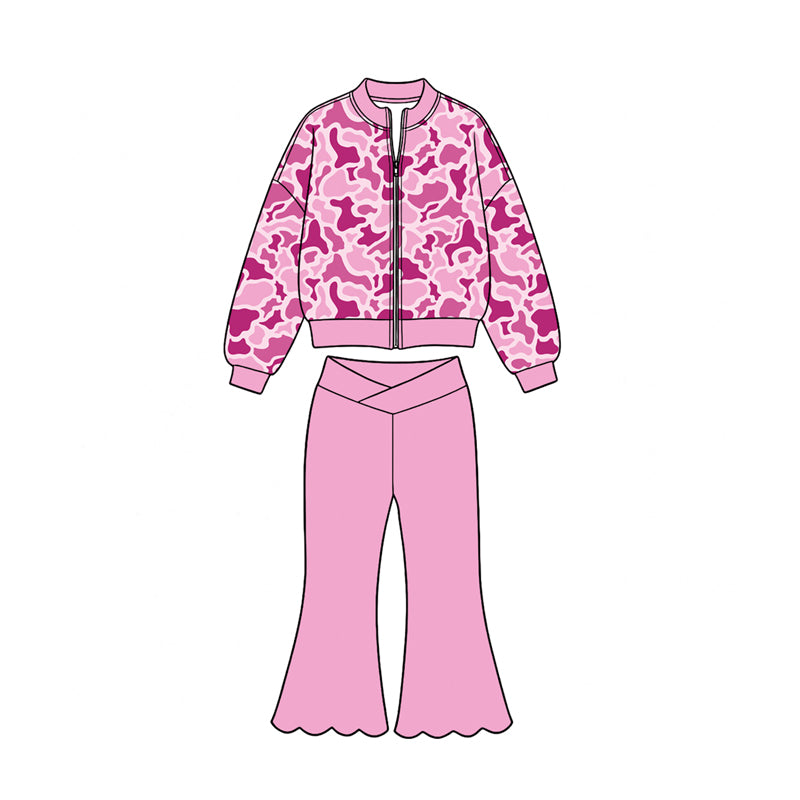 Preorder moq 5 Baby Girls Pink Camo Zip Jacket Top Scallop Flare Pants Yoga Active Set