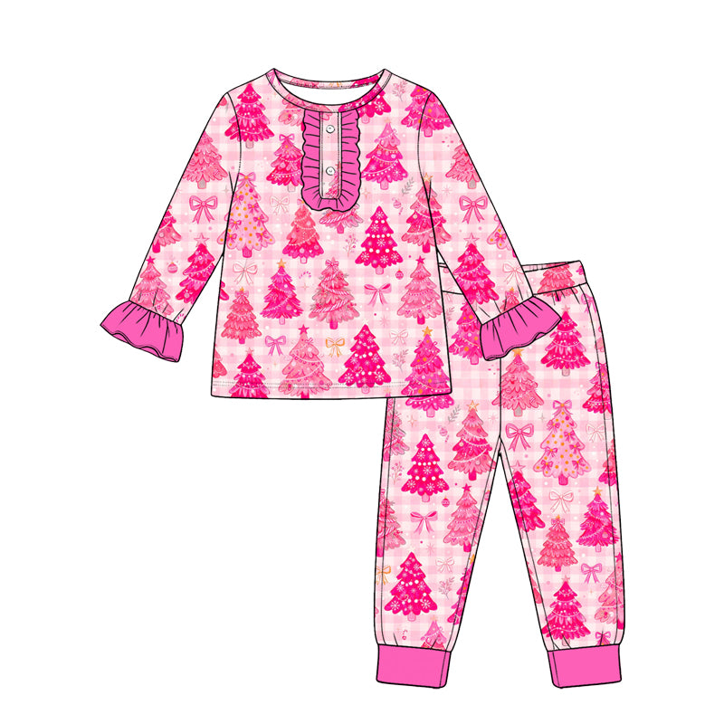 Preorder moq 5 Baby Girls Pink Checked Bows Trees Button Top Pant Christmas Pajamas Set