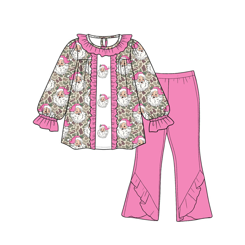 Preorder moq 5 Baby Girls Khaki Camo Santa Tunic Bell Bottom Pant Christmas Clothes Set