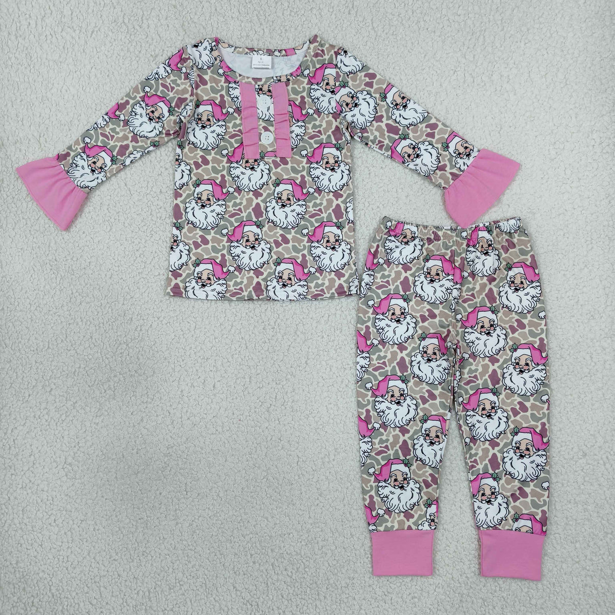 Baby Girls Khaki Camo Santa Button Top Pant Christmas Pajamas Set