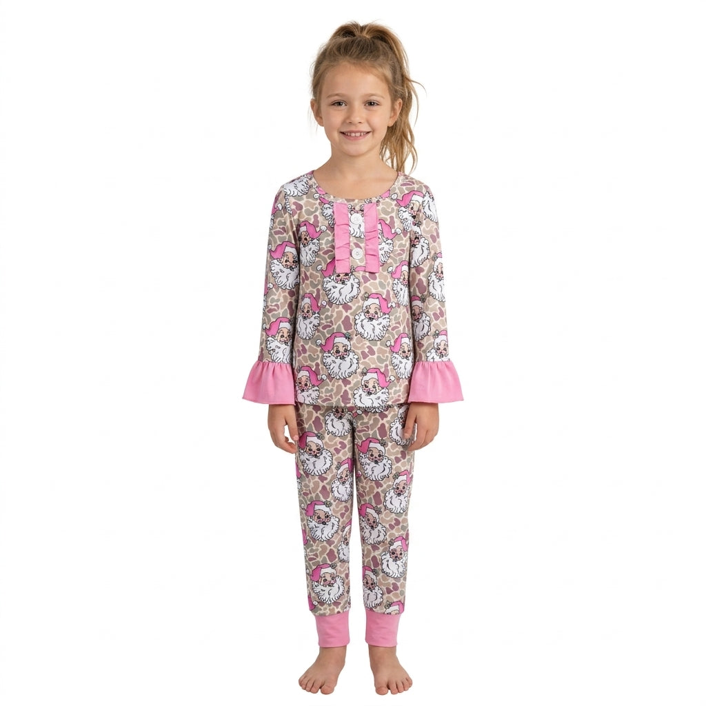 Baby Girls Khaki Camo Santa Button Top Pant Christmas Pajamas Set