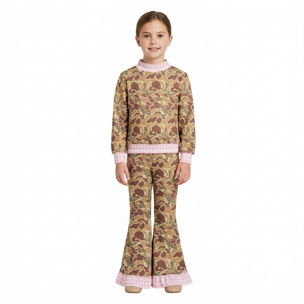 Baby Girls Pink Khaki Camo Choker Top Bell Bottom Pant Clothes Set