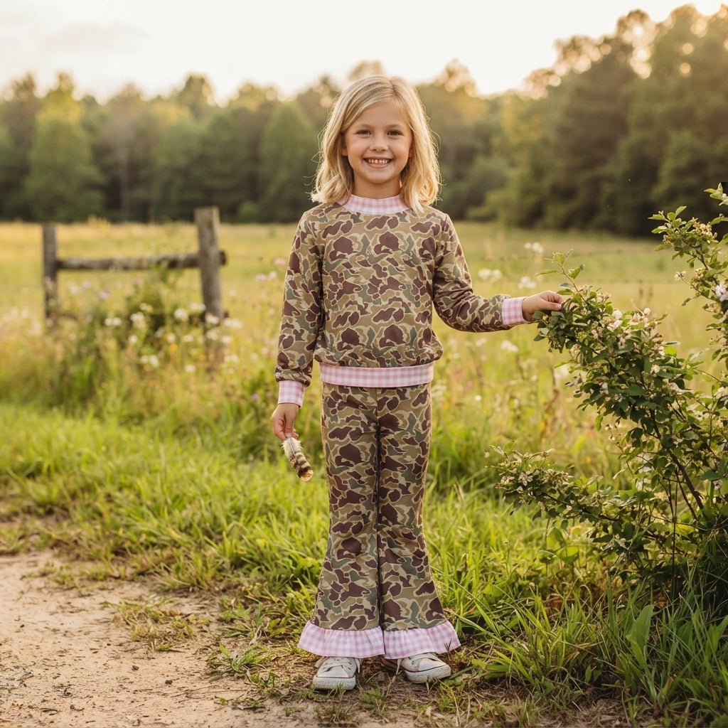 Baby Girls Pink Khaki Camo Choker Top Bell Bottom Pant Clothes Set